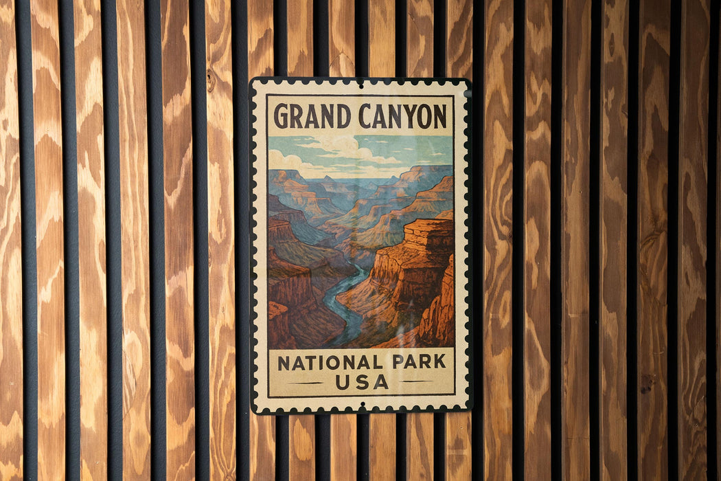 A vintage-style postage stamp depicting the Grand Canyon, with the text "GRAND CANYON NATIONAL PARK USA" printed on it.