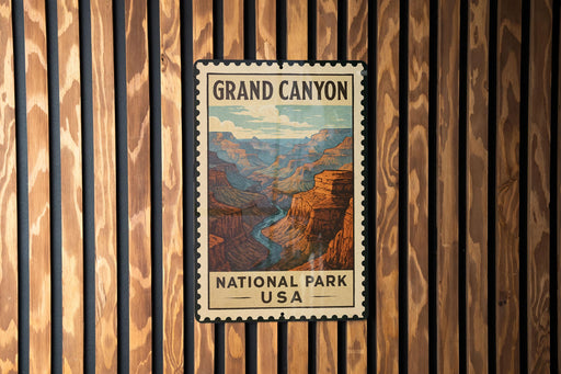 A vintage-style postage stamp depicting the Grand Canyon, with the text "GRAND CANYON NATIONAL PARK USA" printed on it.