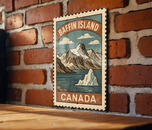 A vintage-style postage stamp depicting Baffin Island, Canada, with mountains, water, and a large iceberg.