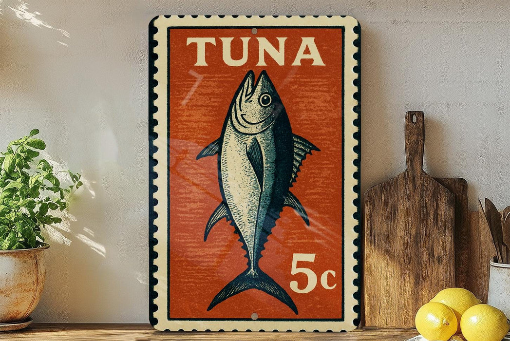 a vintage-style stamp with a fish illustration, placed on a wooden surface next to a wooden cutting board and some lemons.