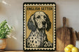 A framed illustration of a spotted dog, specifically an English Setter, is displayed on a shelf next to a wooden cutting board and some lemons.