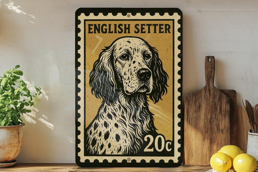 A framed illustration of a spotted dog, specifically an English Setter, is displayed on a shelf next to a wooden cutting board and some lemons.