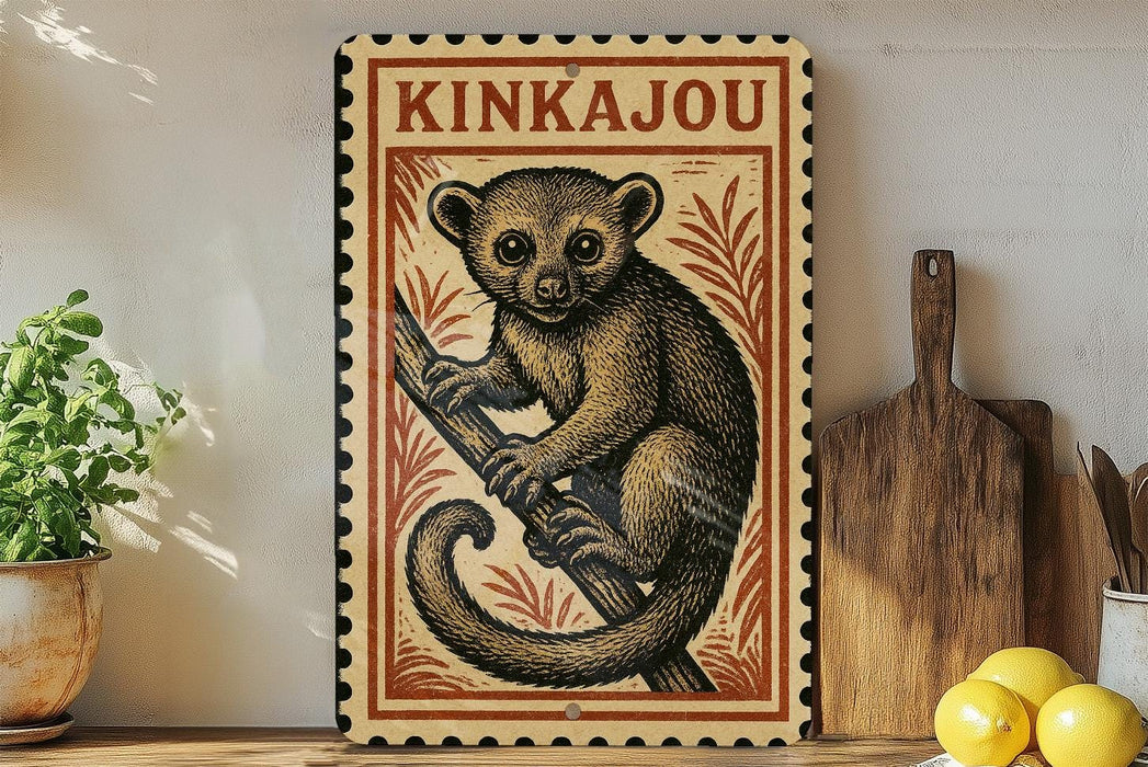A vintage-style metal sign featuring a cartoon illustration of a kangaroo, with the text "KINKAJOU" prominently displayed. The sign is placed on a wooden surface, with a potted plant, a wooden cutting board, and some lemons nearby.