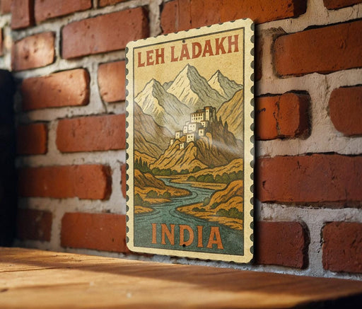 A vintage-style poster of Leh Ladakh, a famous mountain range in India, is displayed on a brick wall.