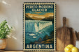 A vintage-style metal sign with a landscape depicting the Perito Moreno Glacier in Argentina, surrounded by a wooden board and a potted plant.