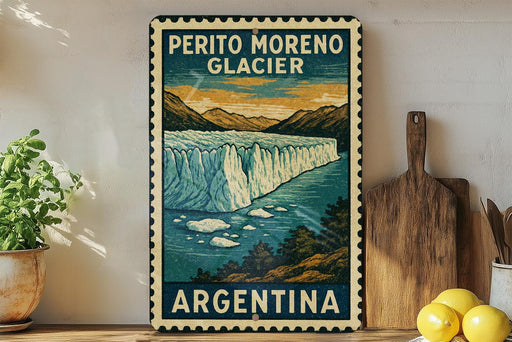 A vintage-style metal sign with a landscape depicting the Perito Moreno Glacier in Argentina, surrounded by a wooden board and a potted plant.