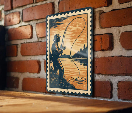 A metal sign featuring a man fishing in a river, with a brick wall in the background.