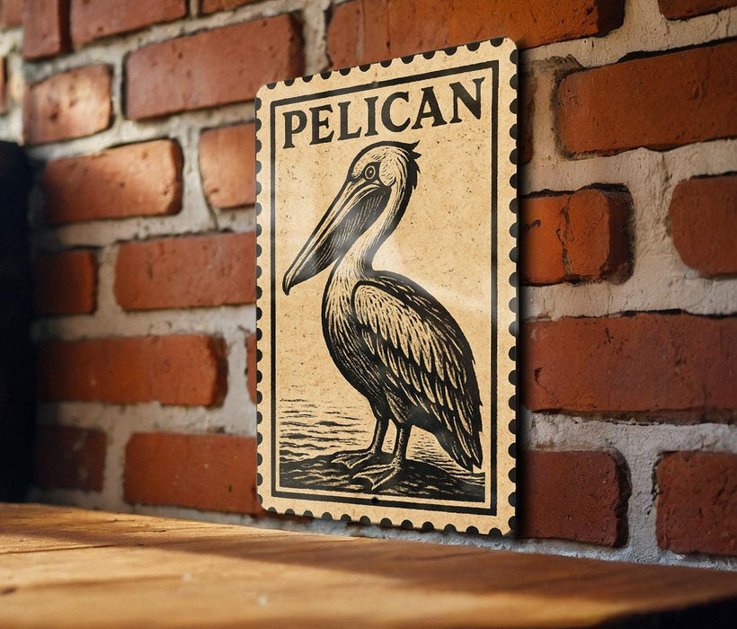 A wooden surface with a framed image of a pelican on it, mounted on a brick wall.