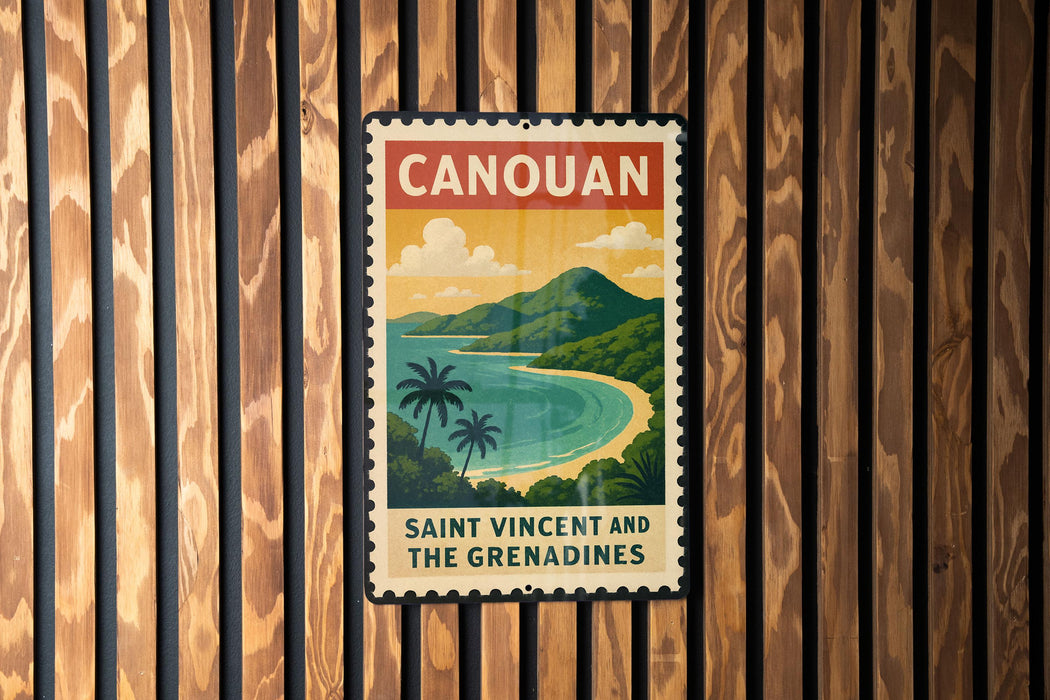 A vintage-style poster of Saint Vincent and the Grenadines, featuring a tropical beach scene with palm trees and a turquoise ocean.