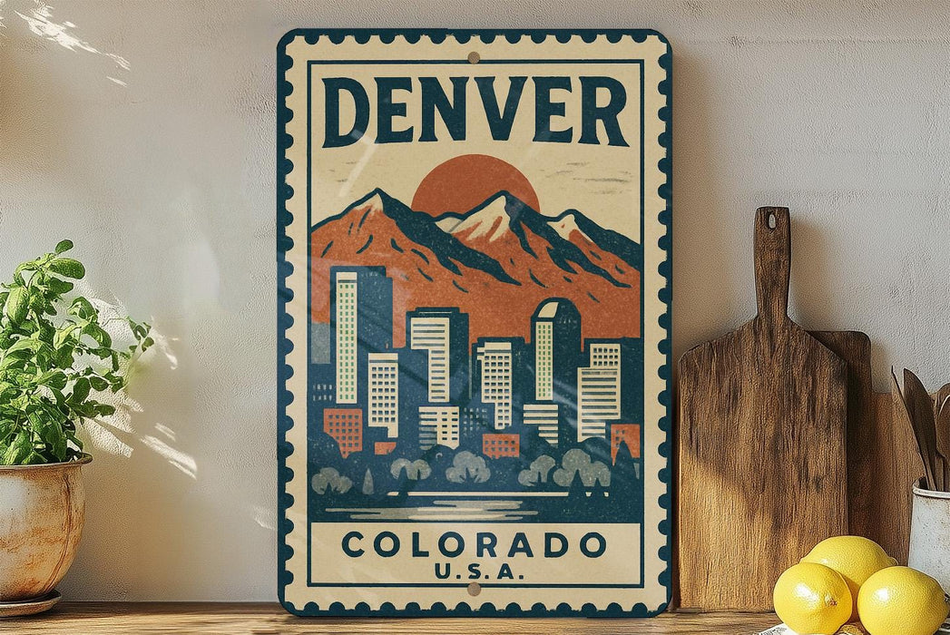 A vintage-style metal sign with a mountain and cityscape design, mounted on a wall next to a wooden cutting board and some potted plants.