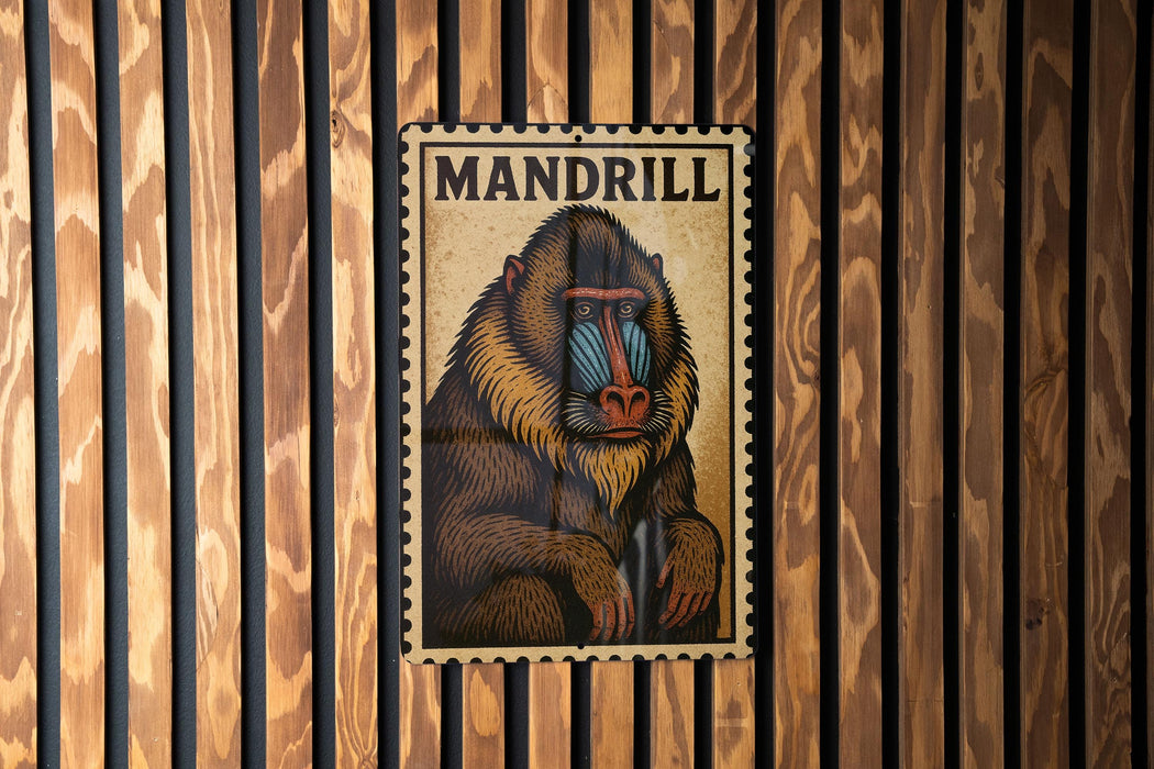 A framed poster of a mandrill, a type of primate, is displayed on a wooden wall.