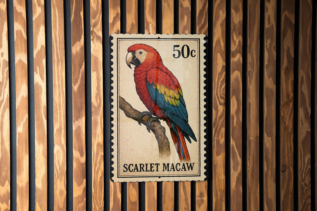 A postage stamp featuring a colorful parrot, specifically a red and blue macaw, perched on a branch.