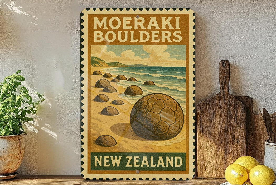 A vintage-style poster of the Moeraki Bowlers, a famous rock formation in New Zealand, is displayed on a wall next to a wooden cutting board and some potted plants.