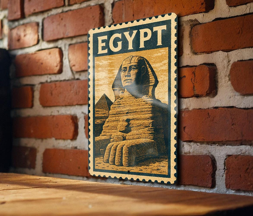 A wooden table with a framed image of the Great Sphinx of Giza, a famous landmark in Egypt, mounted on a brick wall.