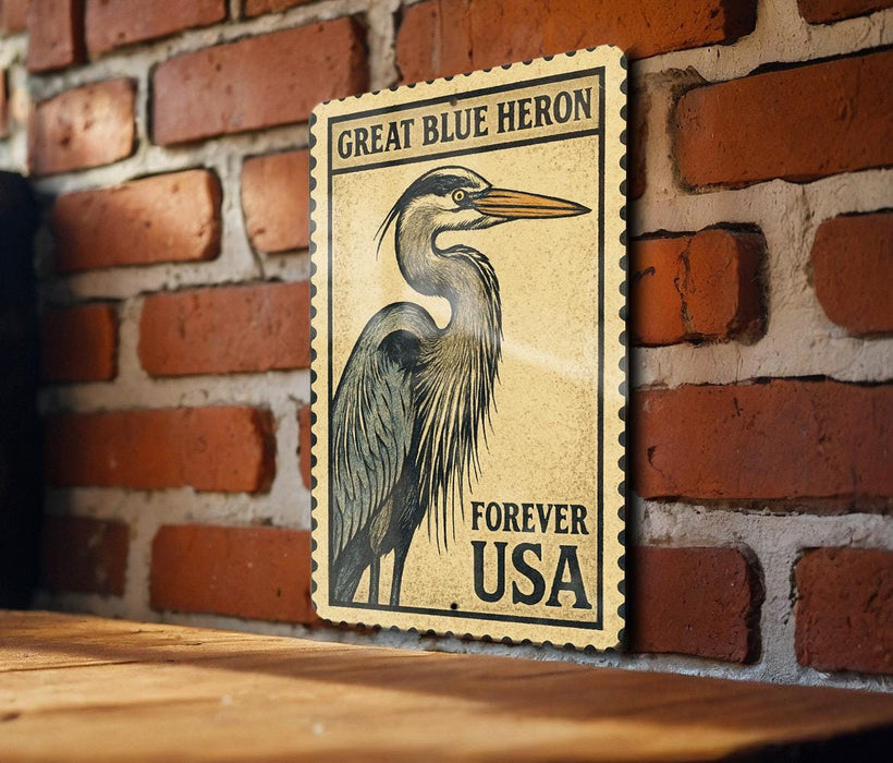 A vintage postage stamp featuring a great blue heron, mounted on a brick wall.
