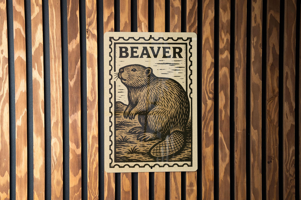 A wooden wall with a beaver illustration on it, which is mounted on the wall.