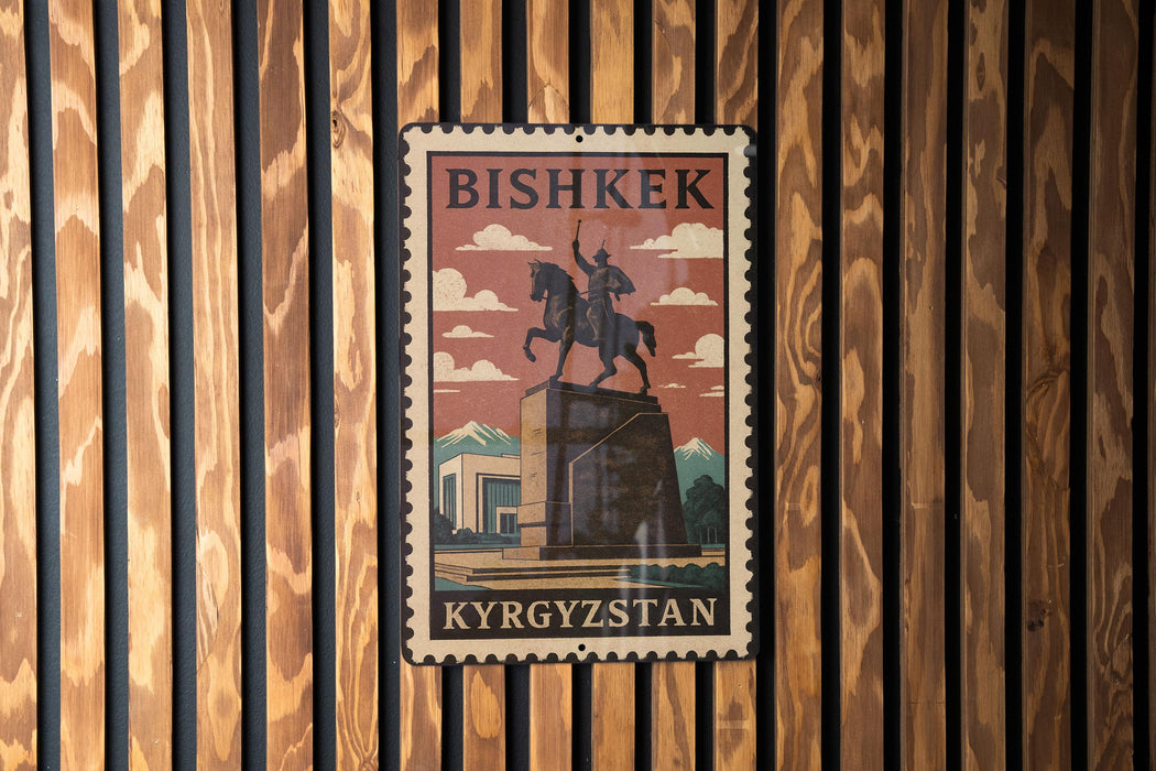 A vintage postage stamp from Kyrgyzstan featuring a statue of a man on a horse, mounted on a wooden wall.