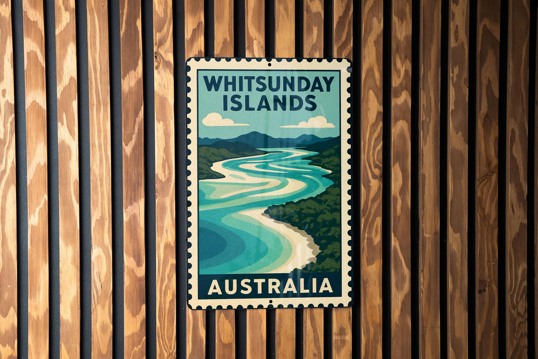 A vintage-style postage stamp depicting the Whitsunday Islands in Australia, with a river and mountains in the background.