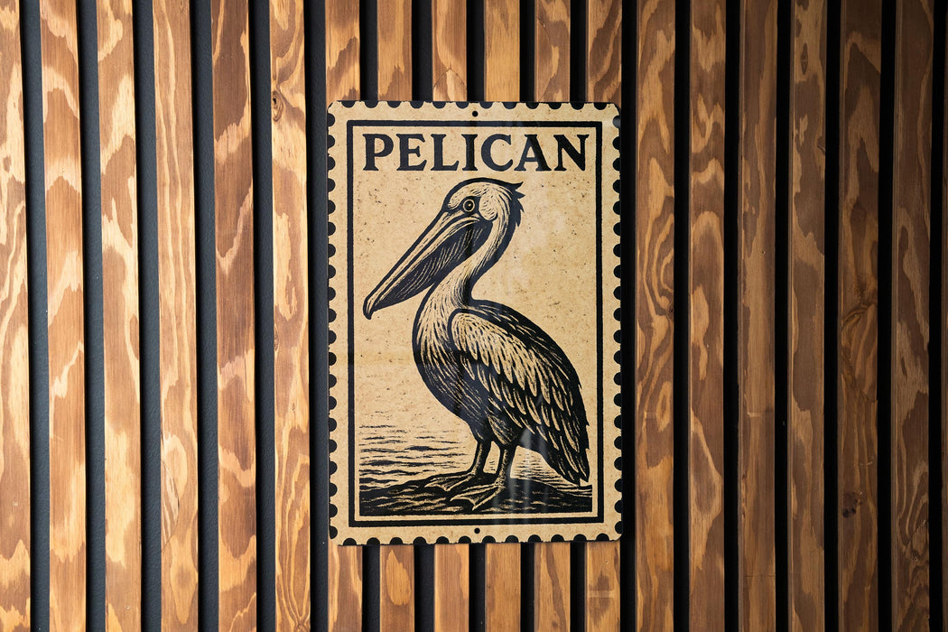 A pelican illustration on a wooden wall, with the word "PELICAN" written above it.