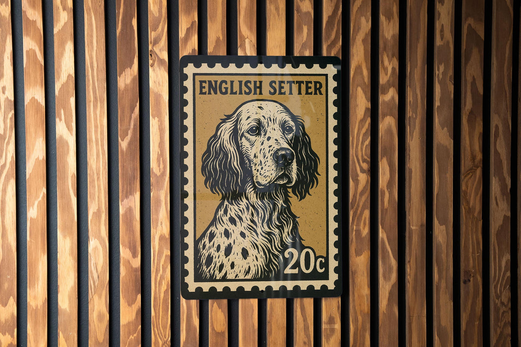 A framed English Setter dog stamp is displayed on a wooden wall.