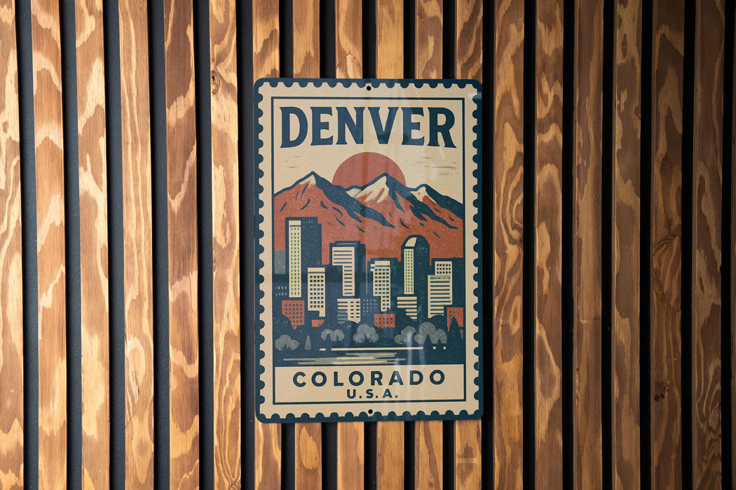 A vintage-style metal sign with the word "DENVER" and a mountain landscape, mounted on a wooden wall.