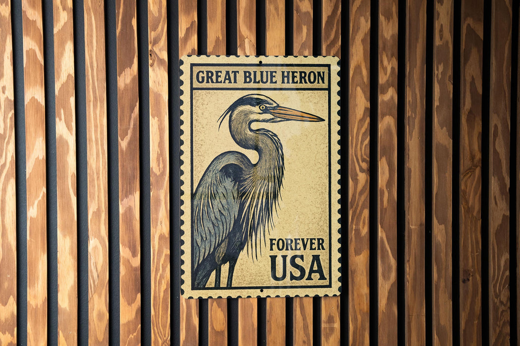 A postage stamp featuring a great blue heron, with the text "GREAT BLUE HERON" and "FREVER USA" printed on it.