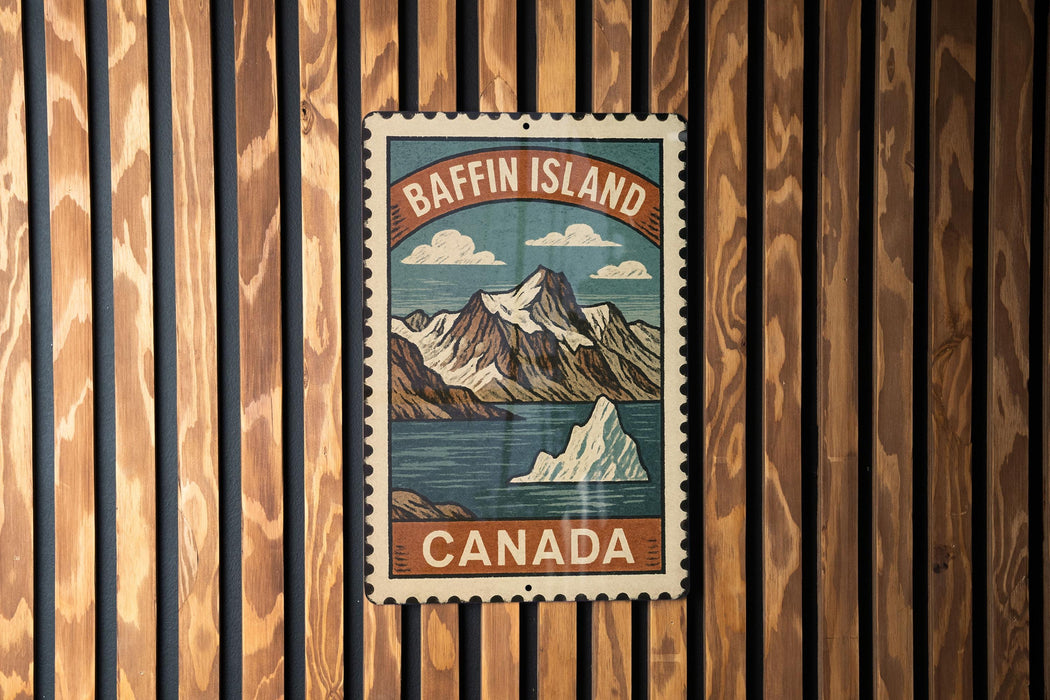 A vintage-style postage stamp depicting Baffin Island, Canada, with a mountain landscape and a body of water.