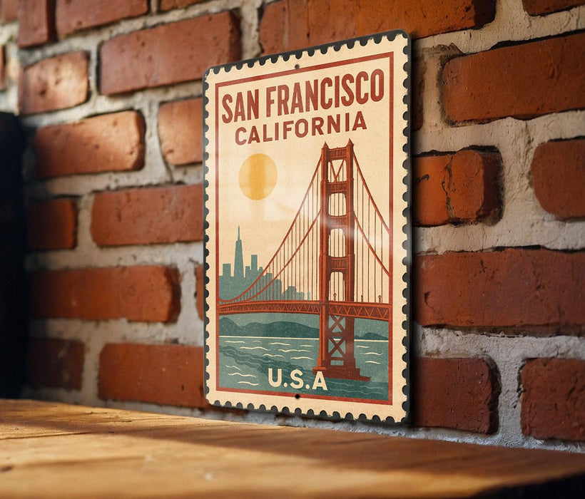 A vintage-style postage stamp featuring the Golden Gate Bridge in San Francisco, California.