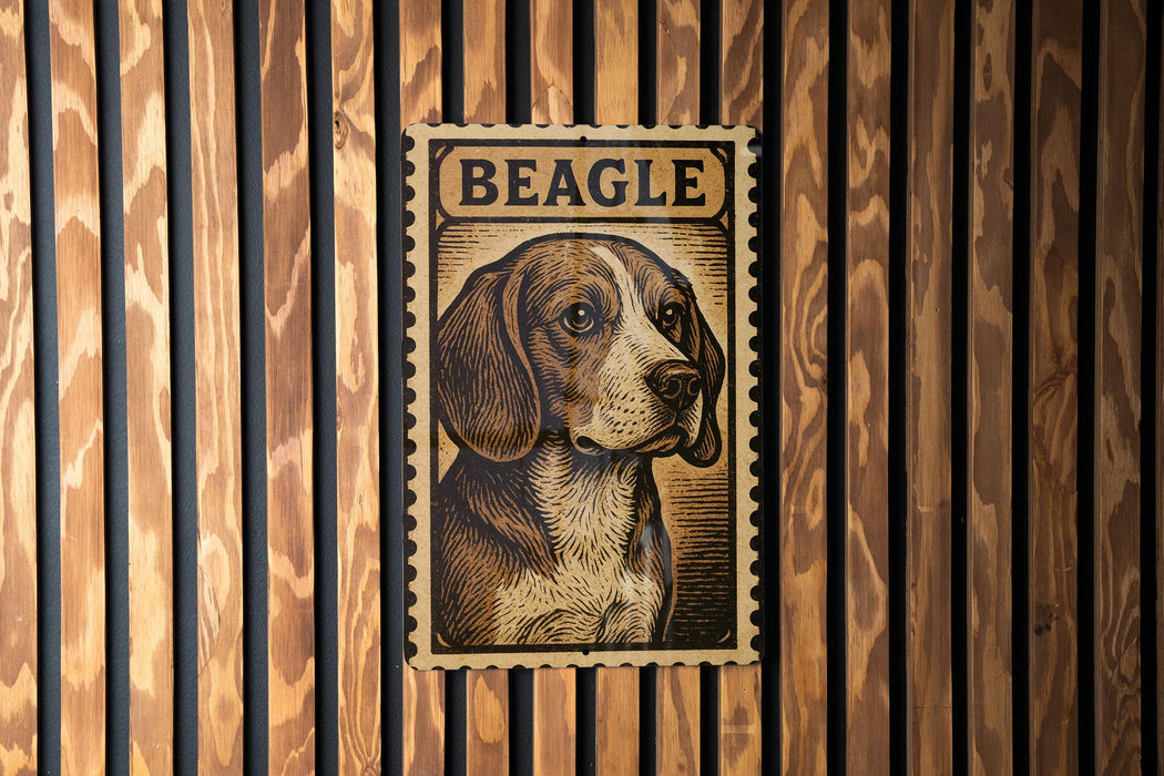 a poster of a beagle dog, which is mounted on a wooden wall.