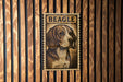 a poster of a beagle dog, which is mounted on a wooden wall.