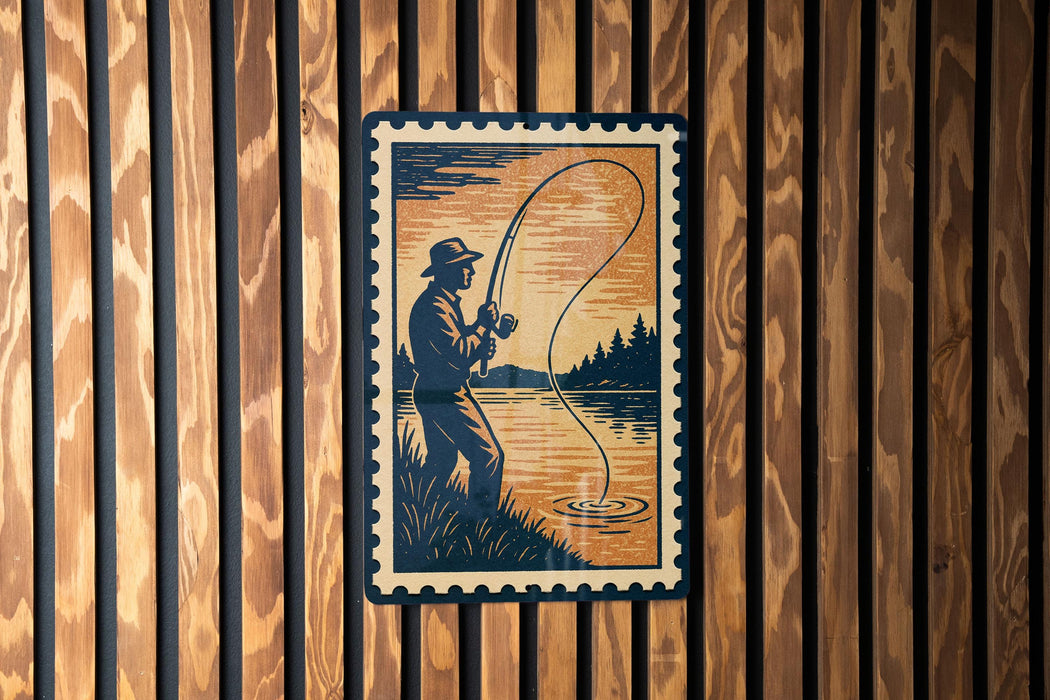 A framed illustration of a person fishing is displayed on a wooden wall.