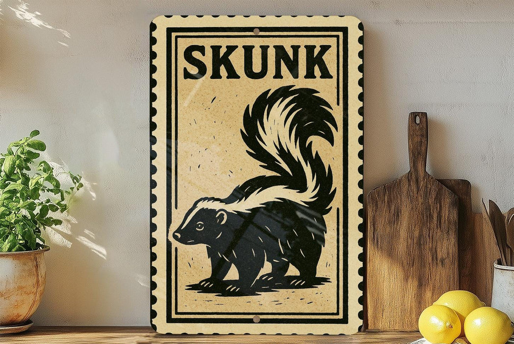 a wooden sign with a skunk illustration, placed on a wooden surface next to a wooden cutting board and some lemons.