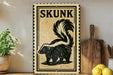 a wooden sign with a skunk illustration, placed on a wooden surface next to a wooden cutting board and some lemons.