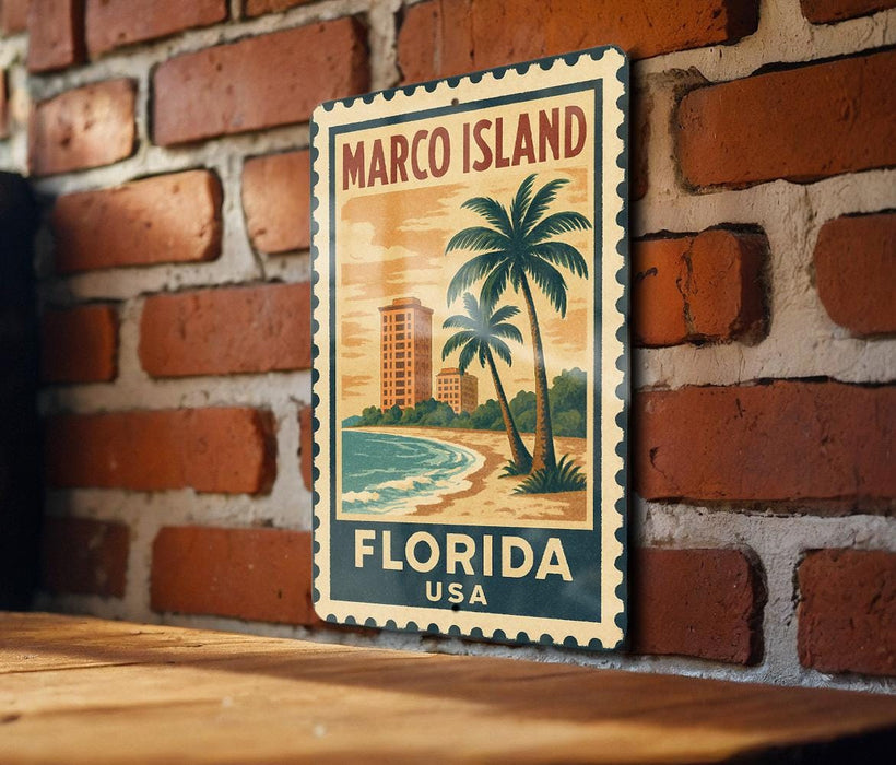 A vintage-style poster of Marco Island, Florida, featuring a palm tree and a beach scene, is displayed on a brick wall.
