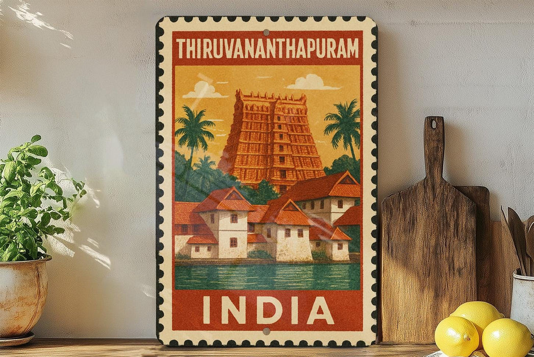 A framed poster of the Hindu temple in Thruvanchapuram, India, with a tropical landscape and a large orange building.
