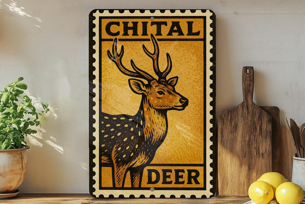 a decorative metal sign with a deer illustration, placed on a wooden surface next to a wooden cutting board and some lemons.