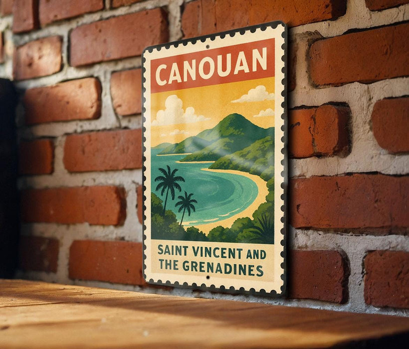A vintage-style metal sign with the text "CANOAN" and "SAINT VINCENT AND THE GREEKADINES" is displayed on a brick wall.