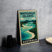 A metal sign with a scenic illustration of a river and mountains, along with the text "WHITSUNDAY ISLANDS AUSTRALIA".