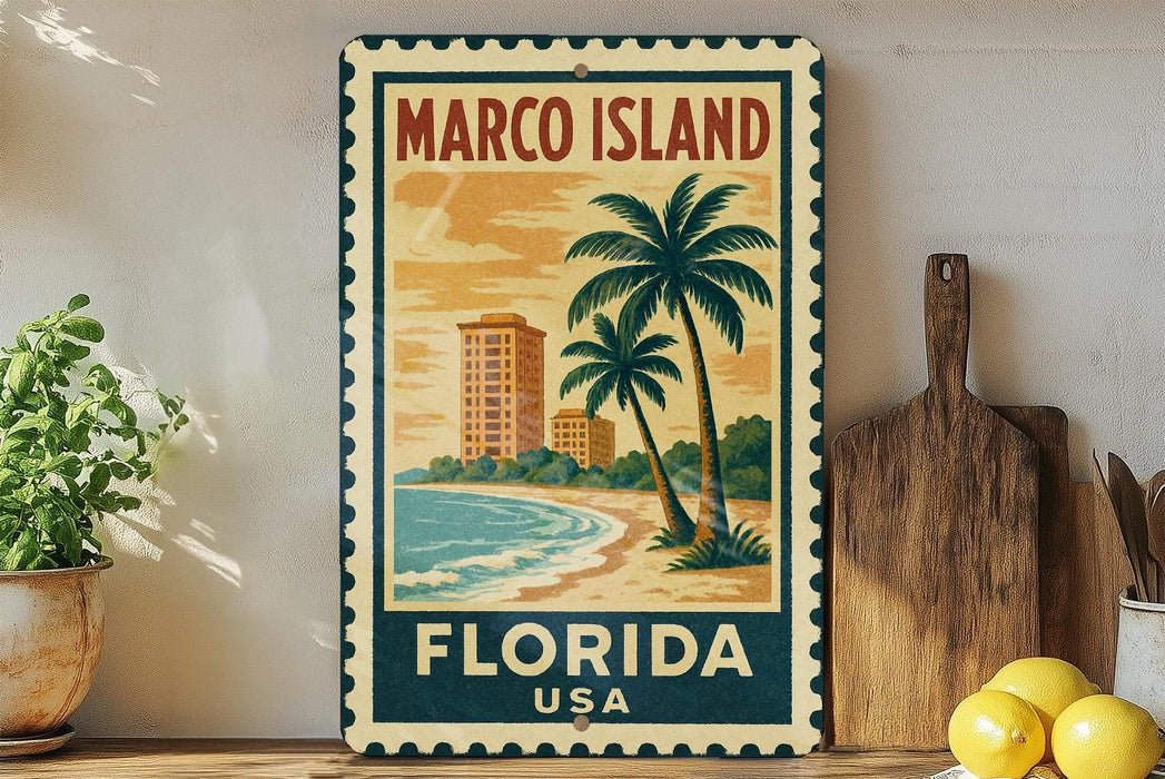 A vintage-style metal sign for Marco Island, Florida, USA, featuring a palm tree and beach scene with a building in the background.