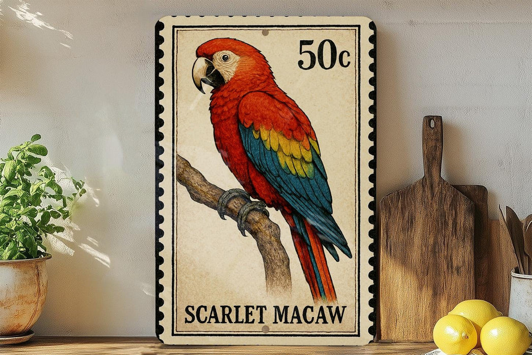 A postage stamp featuring a colorful parrot, specifically a red and blue macaw, perched on a branch.