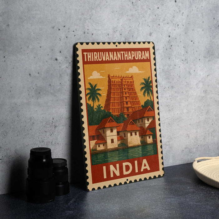 A vintage-style metal sign with an illustration of a temple and buildings, labeled "Thiruvannanthapuram, India".