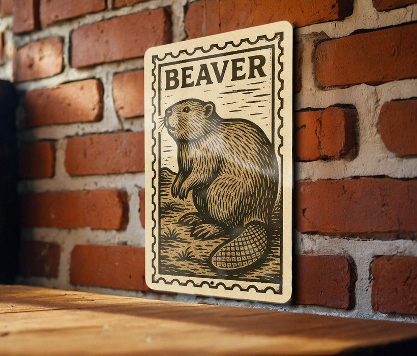 a wooden table with a metal plate featuring a beaver illustration on it, mounted on a brick wall.