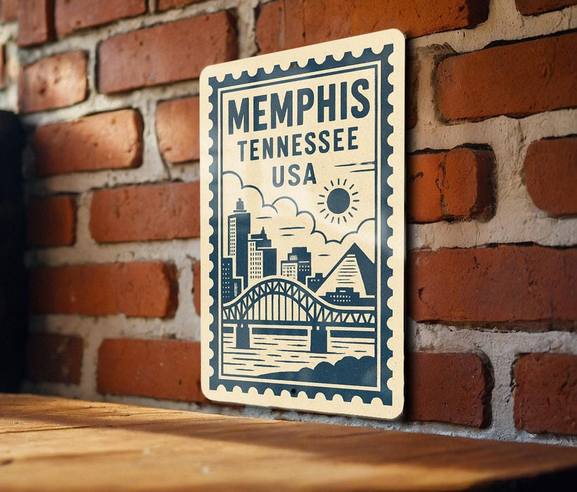 A metal sign with the text "Memphis, Tennessee, USA" and a graphic of a bridge and city skyline is mounted on a brick wall.