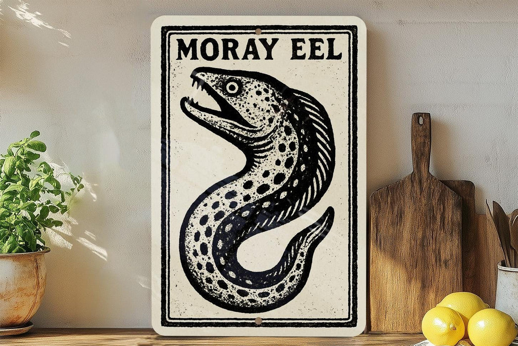 a sign with a fish illustration, placed on a wooden surface next to a wooden cutting board and some lemons.
