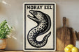 a sign with a fish illustration, placed on a wooden surface next to a wooden cutting board and some lemons.