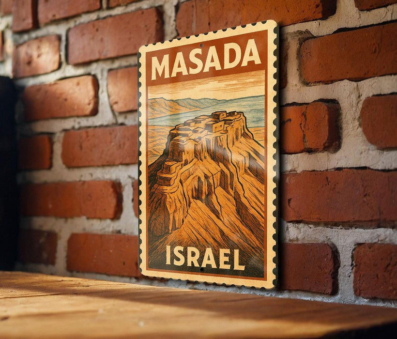 A vintage-style poster of Masada, a famous landmark in Israel, is displayed on a brick wall.