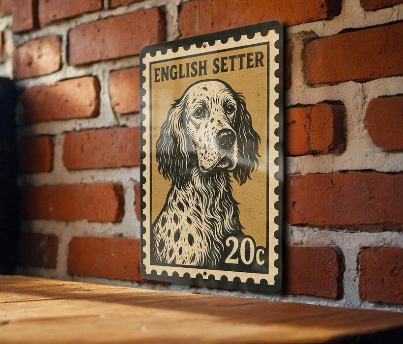 A metal sign featuring a dog's portrait, mounted on a brick wall.