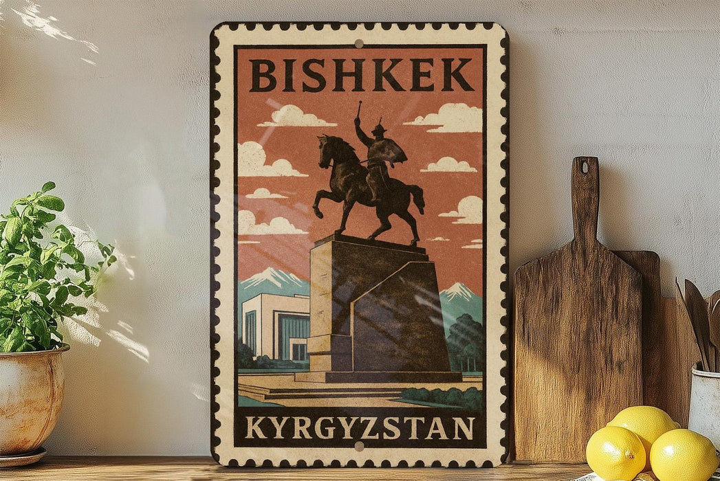 A vintage-style metal sign with the text "BISHKÉK" and "KYRGYZSTAN" on it, along with an illustration of a man on a horse. The sign is displayed on a shelf, with a potted plant, a wooden cutting board, and some lemons nearby.