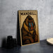 A framed illustration of a mandrill, a type of primate, is displayed on a wall.