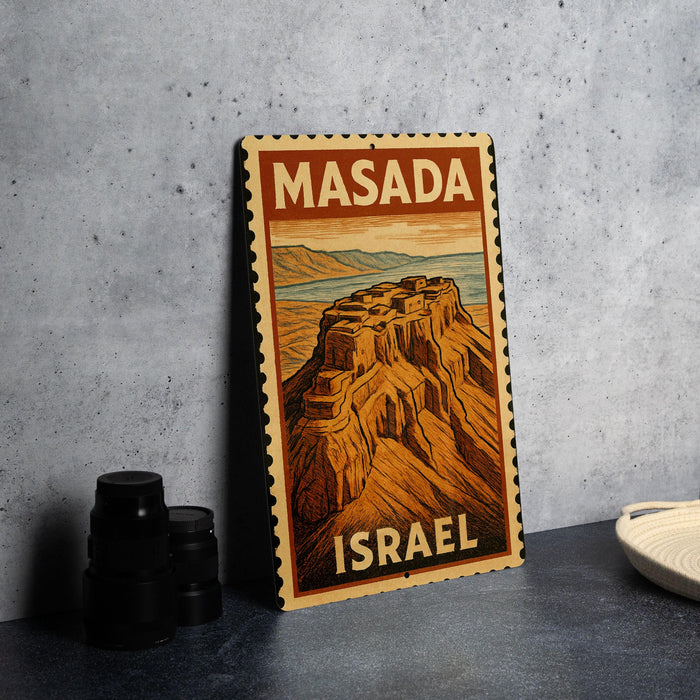 A framed illustration of Masada, a famous landmark in Israel, is displayed on a table.